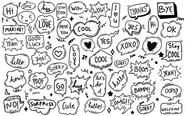 set of cute speech bubble eith text in doodle hand drawn style