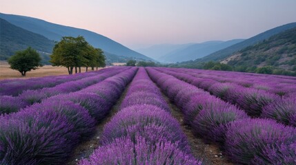 Bursting lavender fields stretch into misty twilight, evoking rustic Provencal dreams and enchanting midsummer lavender festivals