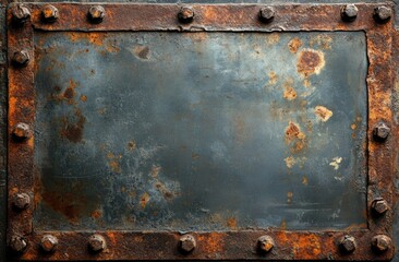 A rectangular metal plate with rusted edges and bolts, showing signs of corrosion and weathering.