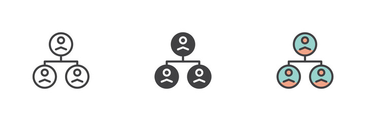 Organizational chart icon set in line, solid and filled outline style