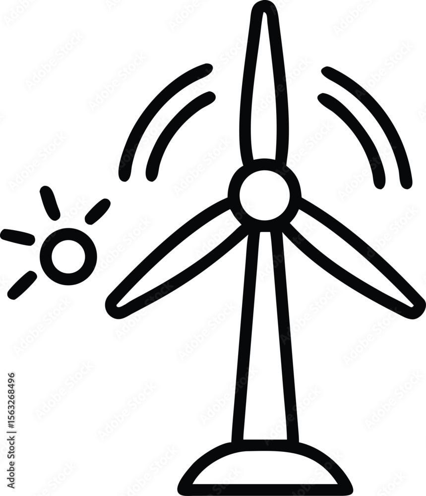 Poster wind turbine with sun outline icon for alternative energy source in simple style