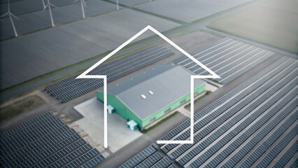 Aerial view of a solar farm with a large building, wind turbines, and an upward arrow overlay symbolizing growth in renewable energy.