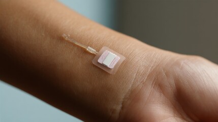 Close-up of smart medical skin patch with micro sensors attached to human wrist ideal for futuristic health monitoring, digital diagnostics and biotech wearable visuals