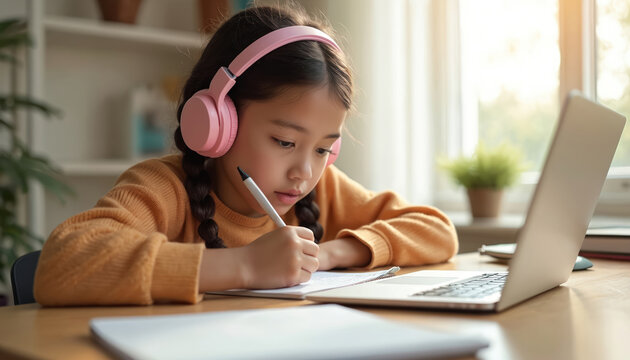Young girl wearing headphones writes notes studying online with laptop at home. Remote education, modern digital technology, online learning concept. E-learning, elearning, online school, homework,