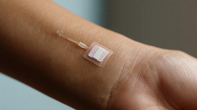 Close-up of smart medical skin patch with micro sensors attached to human wrist ideal for futuristic health monitoring, digital diagnostics and biotech wearable visuals - Powered by Adobe