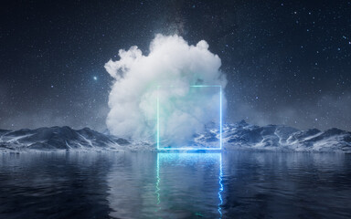 Glowing neon lines and smoke over the lake, 3d rendering.