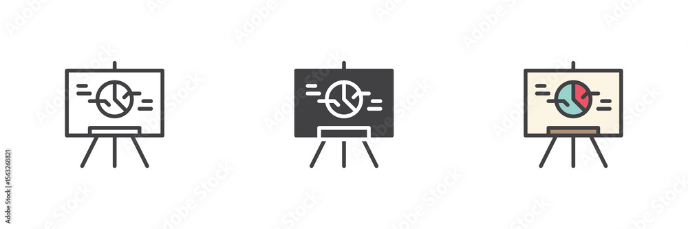 Poster presentation board with pie chart icon set in line, solid and filled outline style