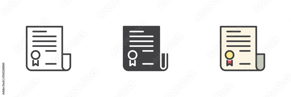Poster contract document icon set in line, solid and filled outline style