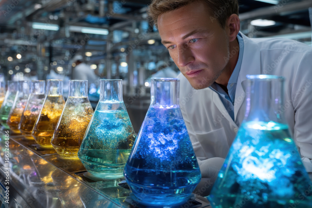 Poster scientist conducts experiments with colorful liquids in a modern laboratory setting