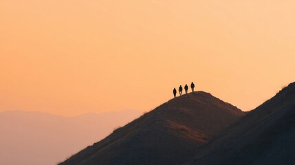 Fototapeta premium A quartet of silhouetted figures ascends sun-drenched peaks, embracing Diwali's new beginnings, echoing the rhythm of Tanabata