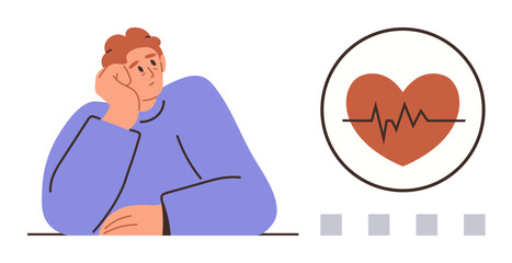 Person resting head on hand, heart with ECG line inside a circle, rectangular progress indicators. Ideal for health care, self-care, mental health, reflection, wellness monitoring awareness. Simple