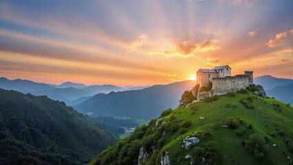 Monumental castle on top of grassy mountain in summer season in high mountains in rays of sun. Beautiful panoramic view with sunset over forested mountains and valley. Background.