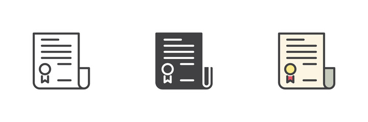 Contract document icon set in line, solid and filled outline style