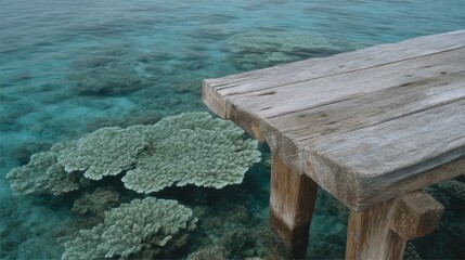 Rustic wooden pier overlooks tranquil coral garden, perfect for World Oceans Day reflection or serene mindfulness retreats