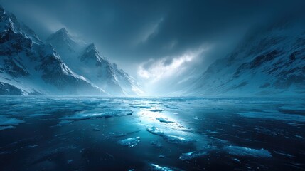 Naklejka premium Frozen landscape of icy mountains and a tranquil sea.