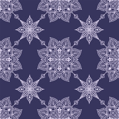 Lace seamless pattern. Vector. Floral ornament, traditional, ethnic, motifs in purple color. Template for fabric and textile, wallpaper, packaging, interior design, printing.