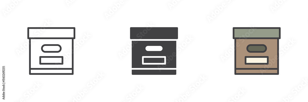 Poster archive box icon set in line, solid and filled outline style