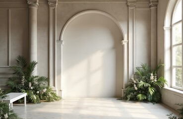 Fototapeta premium Elegant interior room background with arch, columns, window. Wedding decor with green floral arrangement. Empty space, floor, wall for text or product placement. Luxury classic style design.