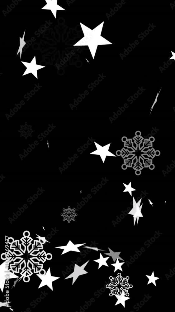 Poster digital animation of multiple stars and snowflakes icons floating against red background