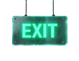Glassmorphism “Exit” Sign PNG – Translucent Frosted Glass Effect with Glowing Green Text, Blurred Background, Modern UI Style, Isolated on White Background for Web, App, and UX Design