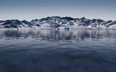 Lake and snow mountains, 3d rendering.