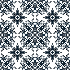 Modern fantasy ornament. Seamless pattern with dark flowers on light background. Vector. Template for textile, wallpaper, packaging, cover.