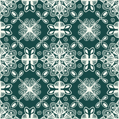 Floral lace seamless pattern on green background. Mandala oriental ornament. Traditional, ethnic, motifs. Vector design for printing on fabric or paper. Hand drawn background.