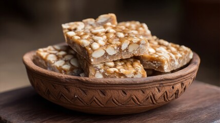Nutty chikki mosaic nestled in rustic clay bowl, perfect for Makar Sankranti festivities or cozy hygge gatherings