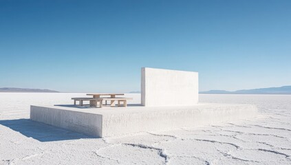 A minimalist, light-colored concrete structure with picnic tables sits in a vast white salt flat