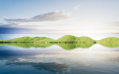 Landforms with grass and lake in the nature, 3d rendering.