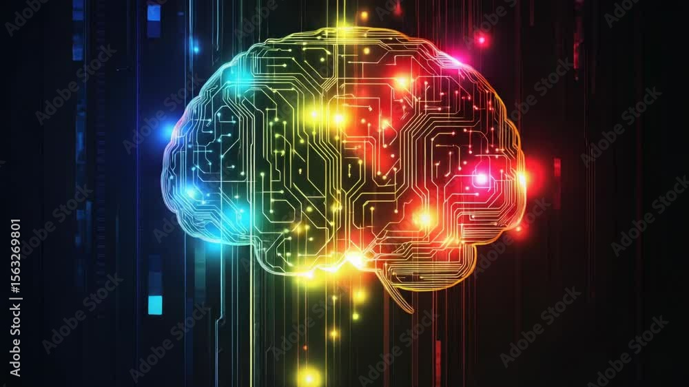 Poster A detailed image of a computer circuit board with a glowing brain chip