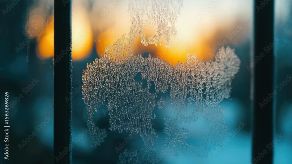 Poster A close-up view of a frost-covered window with intricate ice patterns