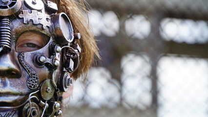 Close-up of a man wearing a steampunk mask