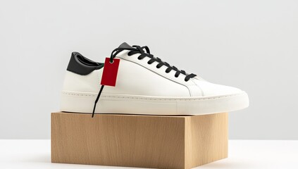 White sneaker on light-brown wooden blocks, red tag