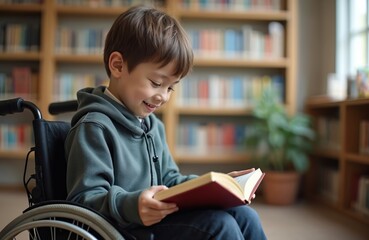Happy schoolboy in wheelchair reading book in library. Inclusion education concept. Boy smiles enjoying literacy. Focuses on accessibility, learning. Educational setting promotes personal growth,