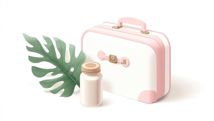 Pink suitcase and glass jar, tropical leaf