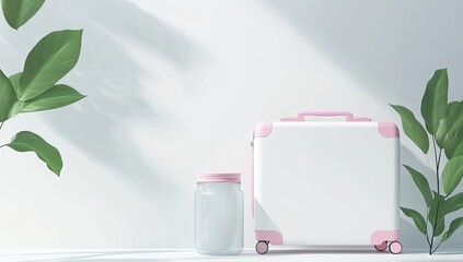 White suitcase with pink accents, beside a clear glass jar, and tropical leaves. Soft sunlight casts shadows on a white surface