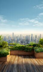 Fototapeta premium Urban oasis rooftop garden overlooking city skyline bright daylight tranquility sustainable design