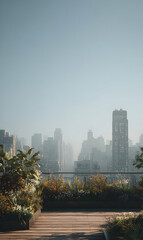Fototapeta premium Urban rooftop garden with cityscape view and tranquil atmosphere in misty morning light reveals
