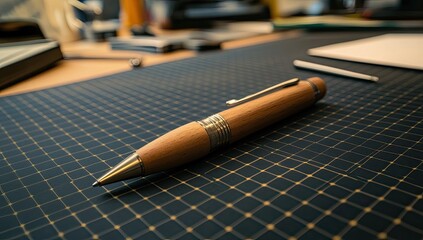Close-up of a wooden ballpoint pen on a gridded mat
