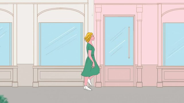 A woman in a green dress walks around the city and stops at a shop window, cartoon animation