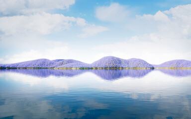 Landforms with grass and lake in the nature, 3d rendering.