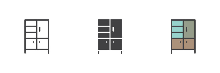 File cabinet icon set in line, solid and filled outline style