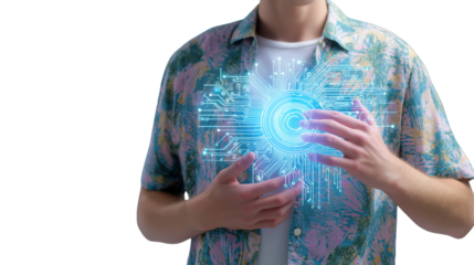 Young man in summer shirt, holding holographic phone interface near chest, waist-up, no hands visible, futuristic summer tech, PNG