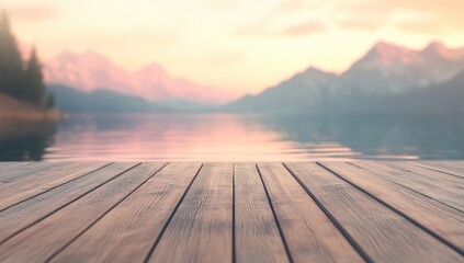 Calm wooden dock at serene lake sunrise. Mountains in soft focus