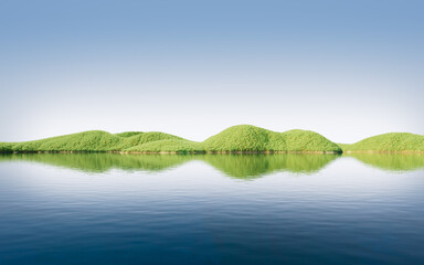 Landforms with grass and lake in the nature, 3d rendering.