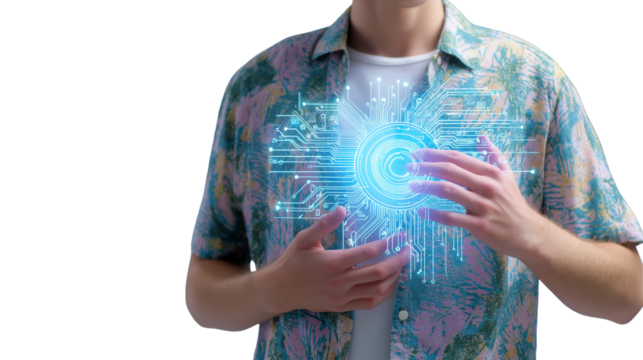 Young man in summer shirt, holding holographic phone interface near chest, waist-up, no hands visible, futuristic summer tech, PNG