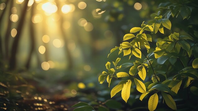 Sunlit forest leaves with a mix of green and autumn colors in soft focus