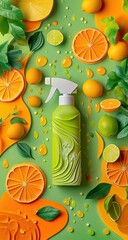 A vibrant, stylized bottle of citrus-scented spray sits amongst citrus fruits, leaves, and colorful drips on a bright green background