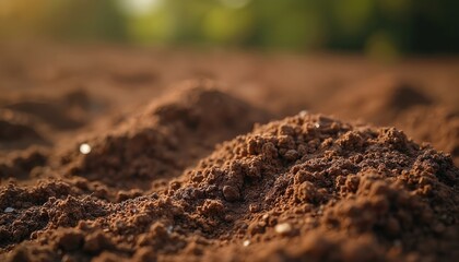 Close-up brown ground texture with dark rough surface. Natural dirt and soil top view. Agriculture land detail, dry earth for farming, garden, plant growing or eco-friendly sustainable gardening.